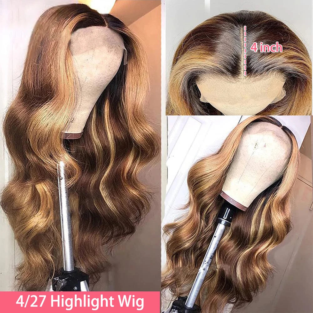 13x6 Highlight Lace Frontal Wig Human Hair Body Wave Ombre Colored Honey Blonde Pre-Plucked