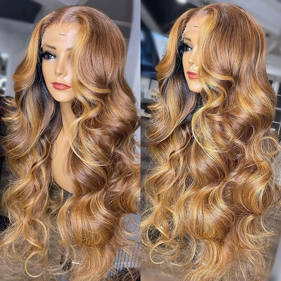 13x6 Highlight Lace Frontal Wig Human Hair Body Wave Ombre Colored Honey Blonde Pre-Plucked